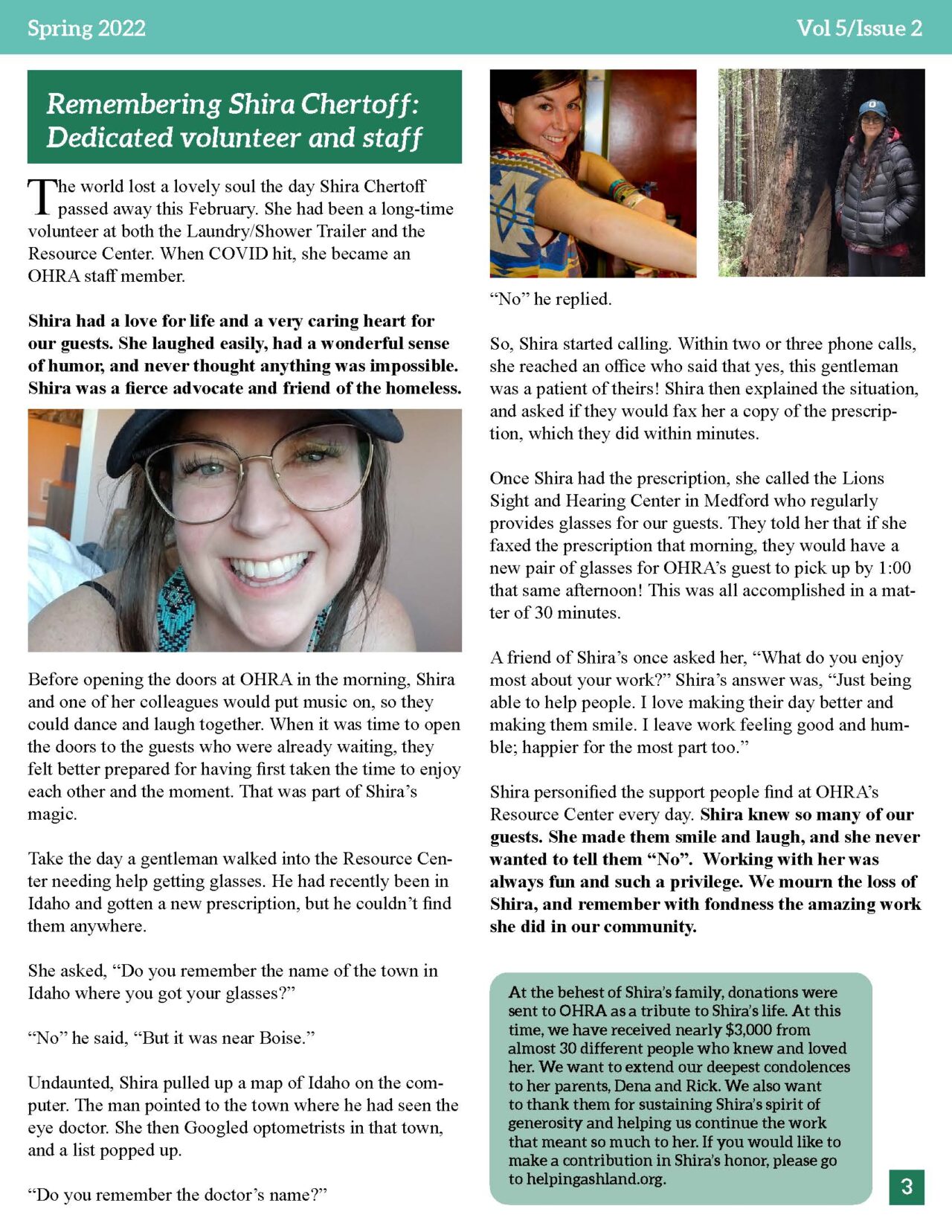 Shira Chertoff Memorial Fund OHRA Helps